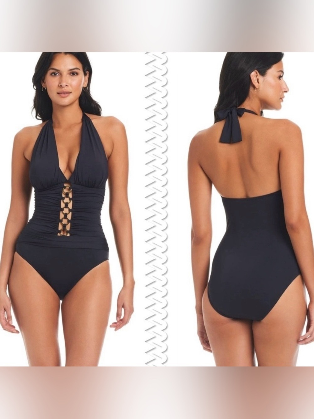 BLEU ROB BEATTIE Women’s Black RING ME UP HALTER MIO Ruched 1Piece Swimsuit Sz 4